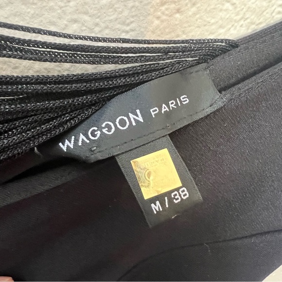 WAGGON PARIS Black Long Sleeve Mini Dress "Chic Shadows" Draped Fringe Sz M LBD - Picture 7 of 9